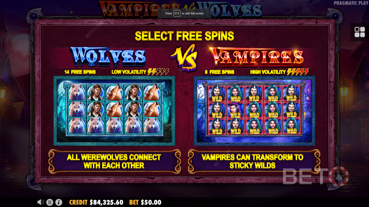 Vampires vs Wolves में दोहरे फ्री स्पिन बोनस राउंड