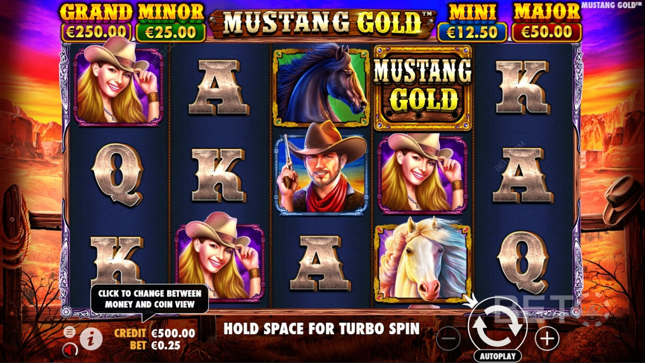 वाइल्ड प्रतीक Mustang Gold ऑनलाइन स्लॉट में गेम का लोगो है