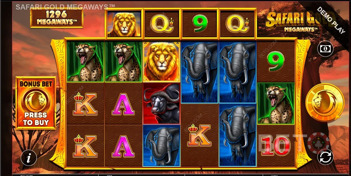 Safari Gold Megaways में कूल पशु प्रेरित प्रतीक