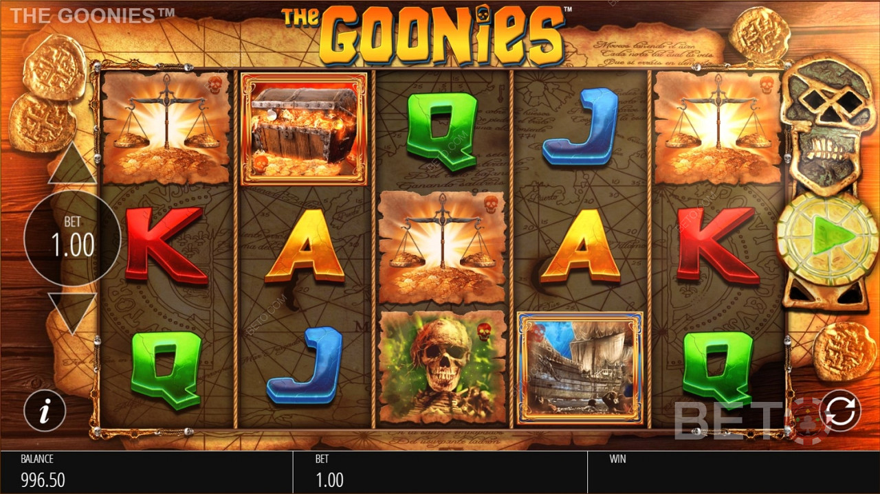 The Goonies Jackpot King में विभिन्न उच्च भुगतान और कम भुगतान वाले प्रतीक