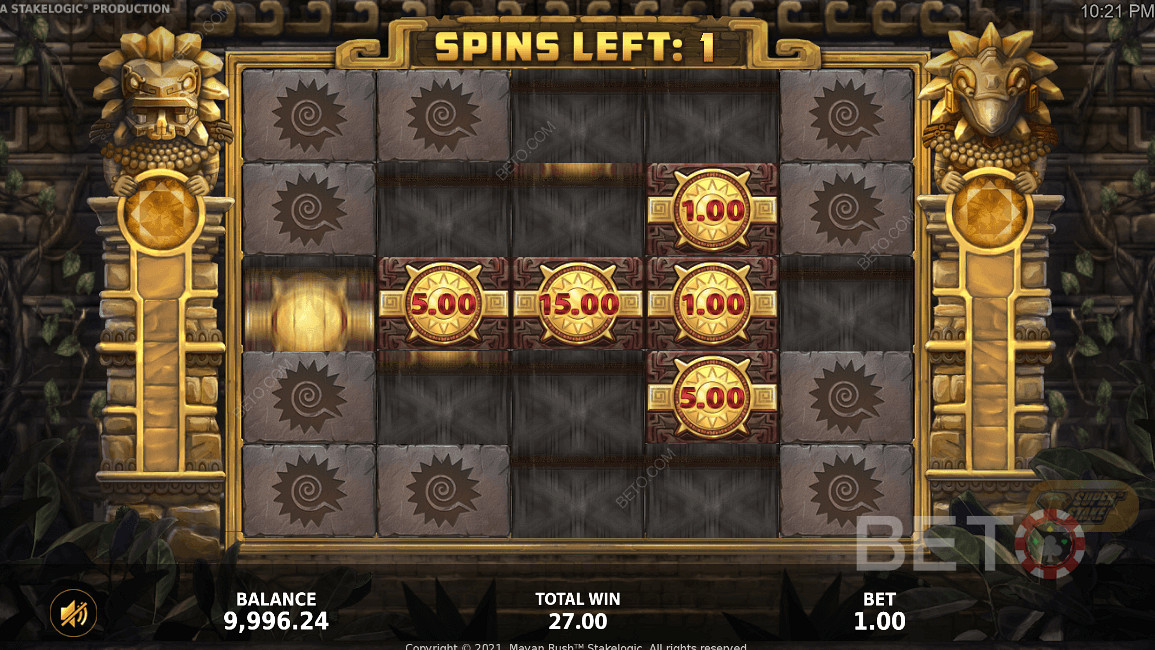 Mayan Rush वीडियो स्लॉट में सुपर स्टेक फीचर एक्शन में