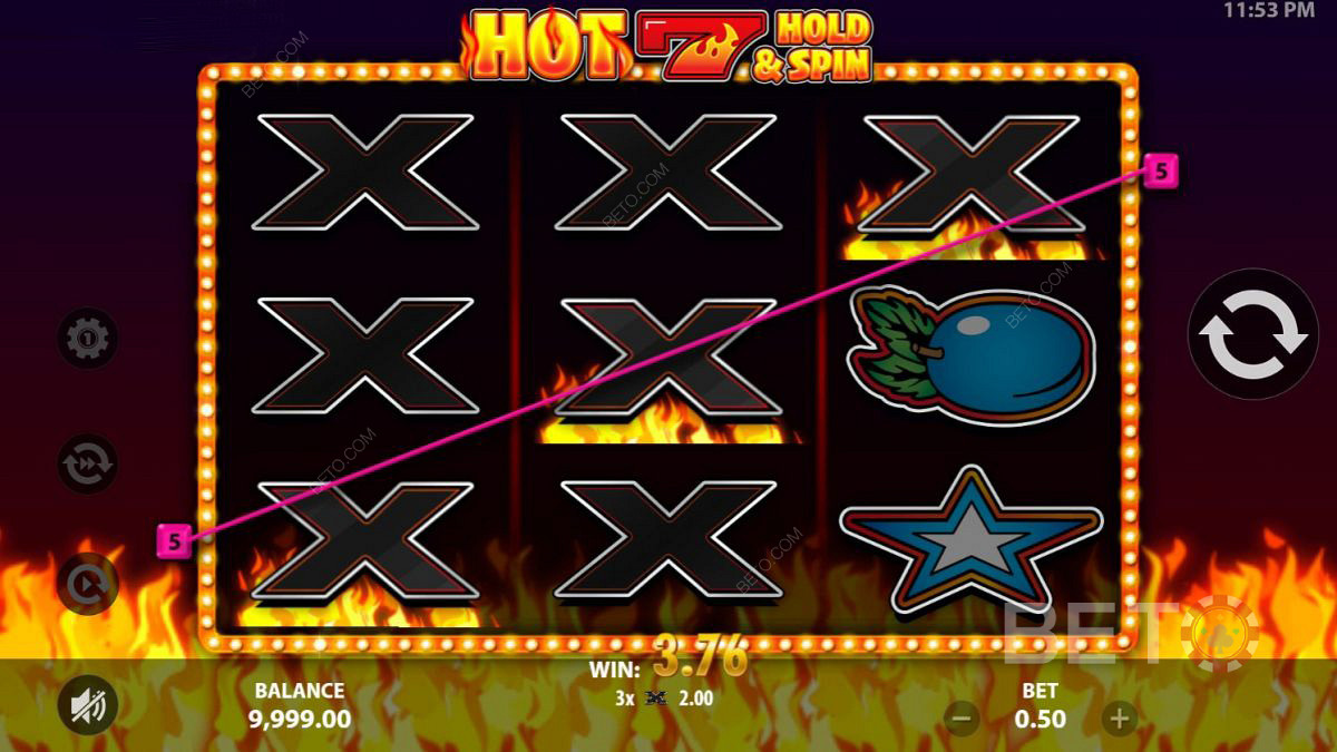 Hot 7 Hold and Spin में विकर्ण कॉम्बो लैंडिंग