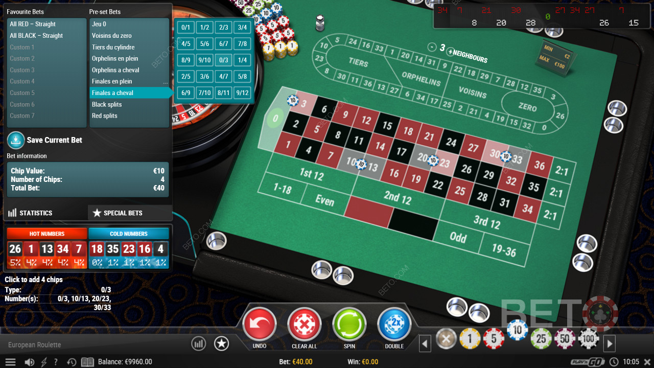 European Roulette Pro कैसीनो गेम में विशेष सट्टेबाजी विकल्प