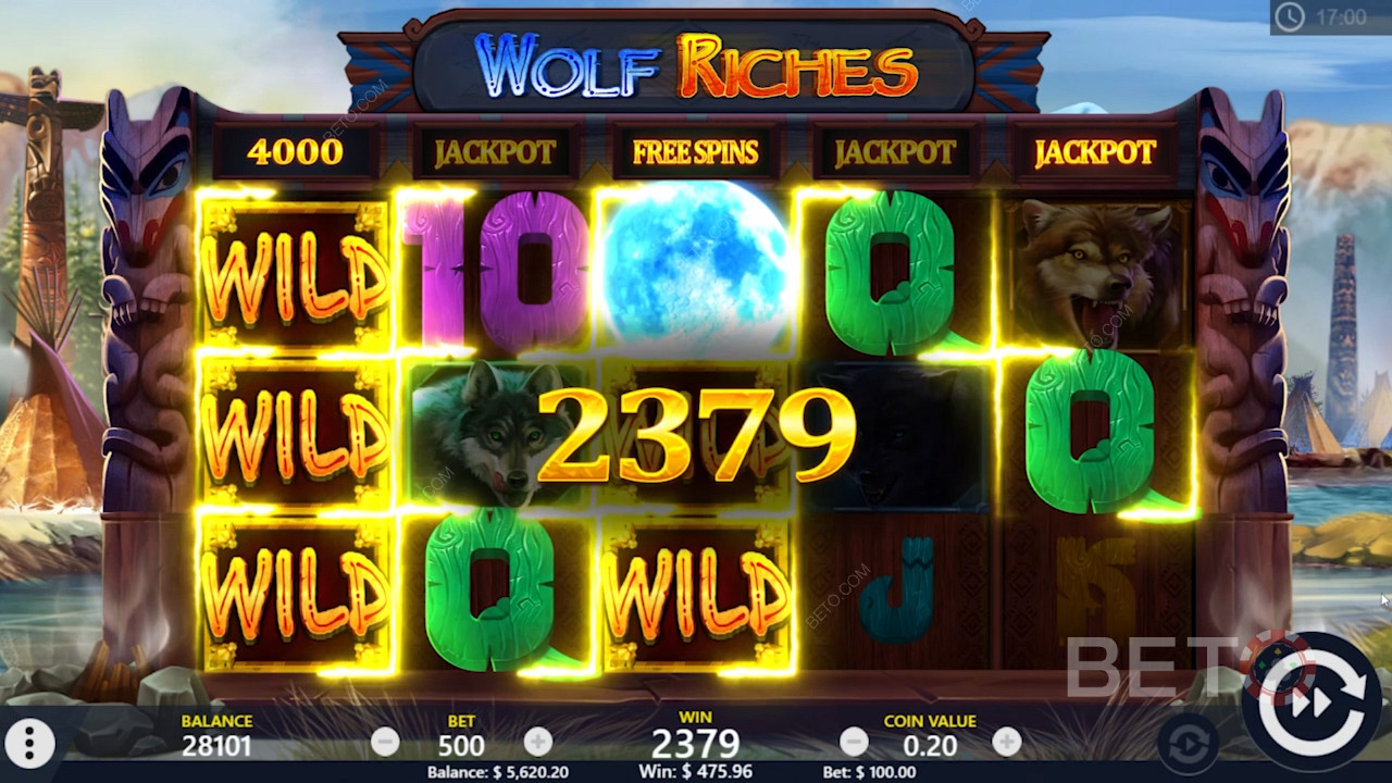 Wolf Riches ऑनलाइन स्लॉट में मुफ़्त स्पिन और वाइल्ड जीत