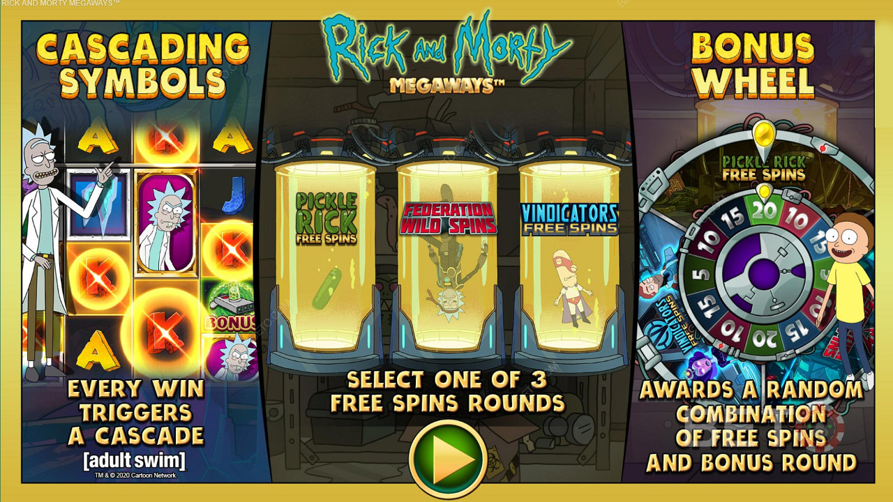Rick and Morty Megaways स्लॉट मशीन में तीन अलग-अलग प्रकार के फ्री स्पिन का आनंद लें