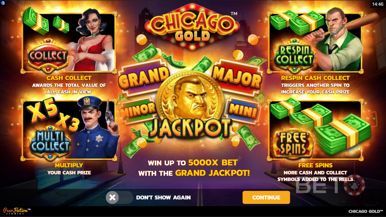 Chicago Gold स्लॉट मशीन में कलेक्ट सुविधाओं, जैकपॉट्स और फ्री स्पिन्स का आनंद लें