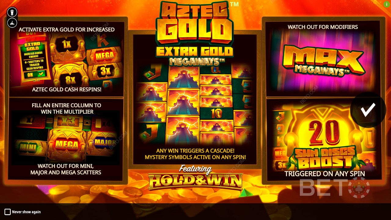 Aztec Gold Extra Gold Megaways स्लॉट में कई बोनस सुविधाओं का आनंद लें