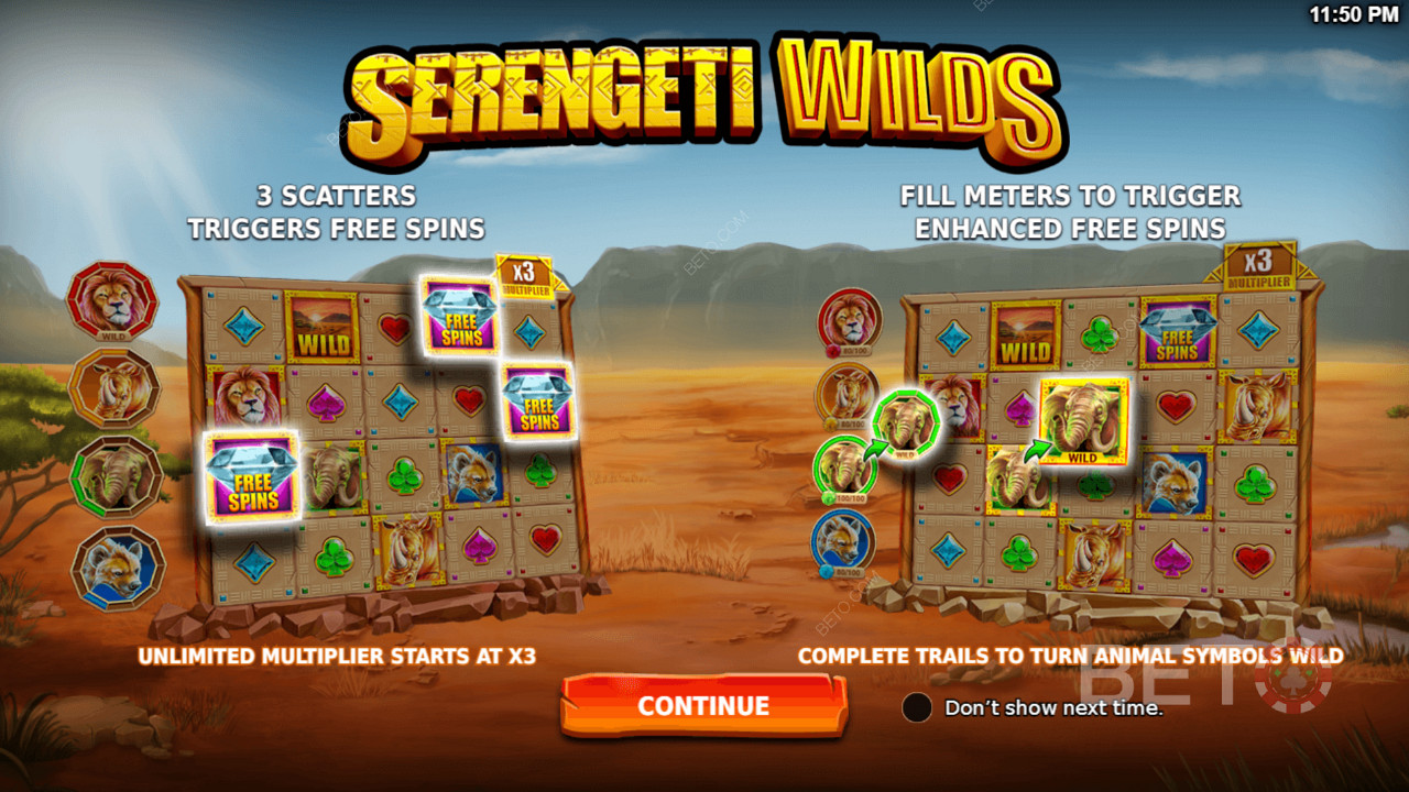Serengeti Wilds स्लॉट में फ्री स्पिन्स और एन्हांस्ड फ्री स्पिन्स जैसी शक्तिशाली सुविधाओं का आनंद लें