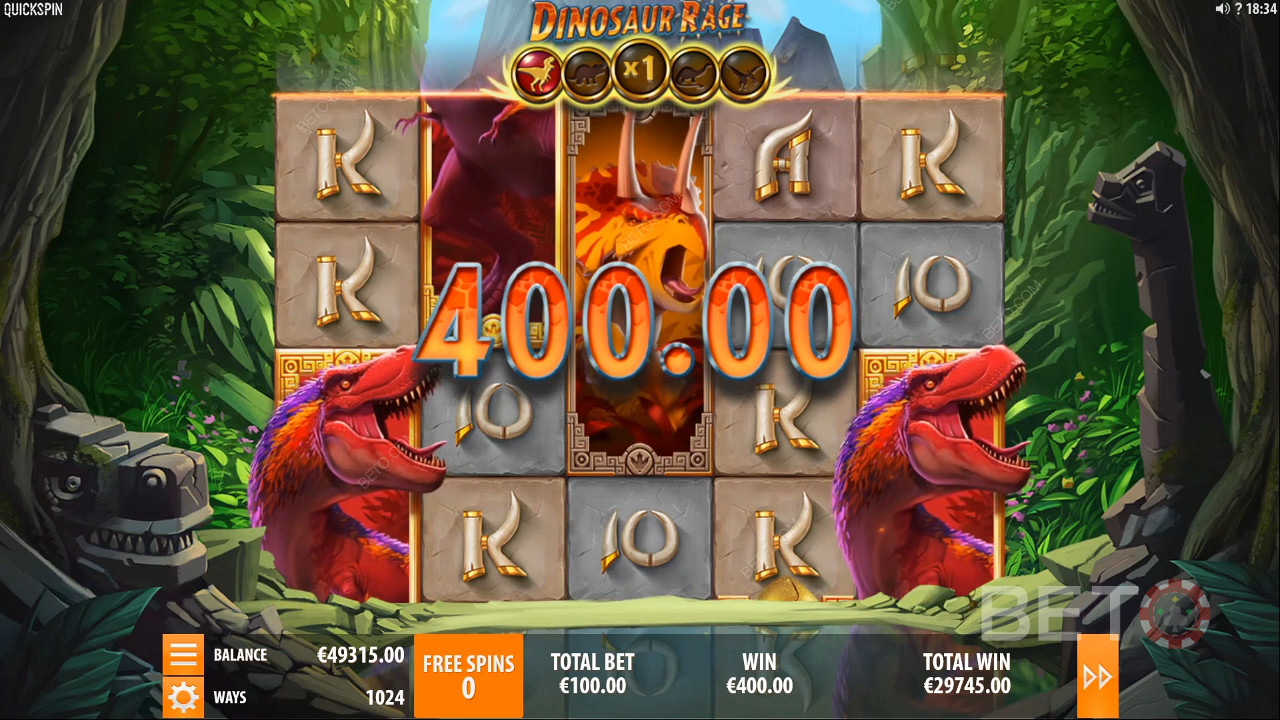 Dinosaur Rage स्लॉट मशीन में 400 सिक्कों की जीत