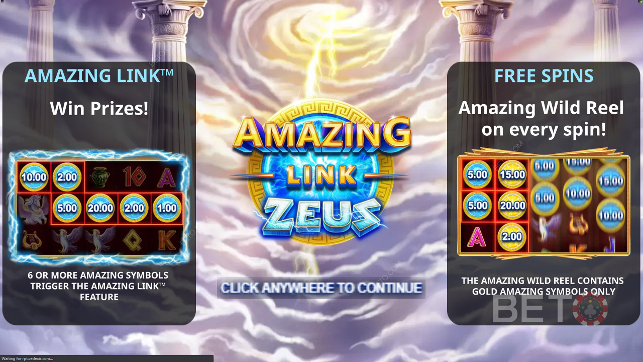 Amazing Link Zeus की परिचय स्क्रीन मुफ्त स्पिन बोनस दिखा रही है
