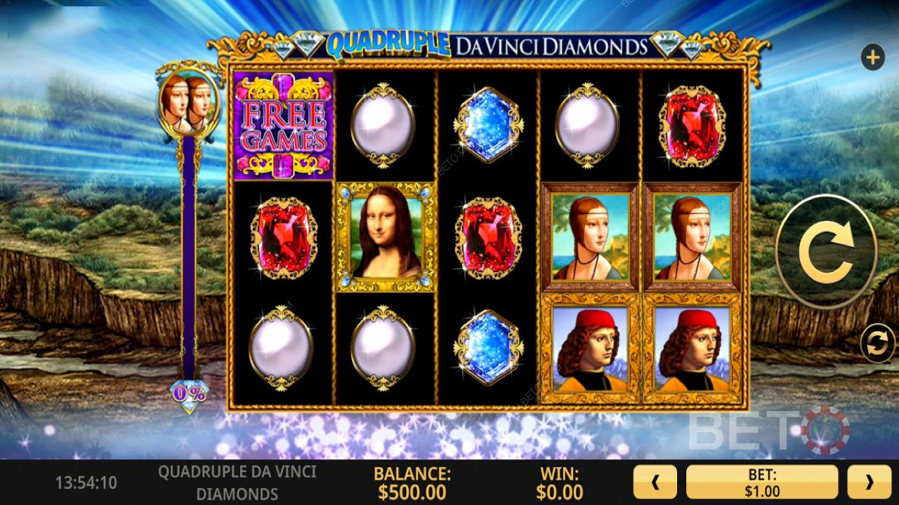 Quadruple Da Vinci Diamonds स्लॉट में मुफ्त स्पिन, स्पिन क्रीज सुविधा और अधिक का आनंद लें