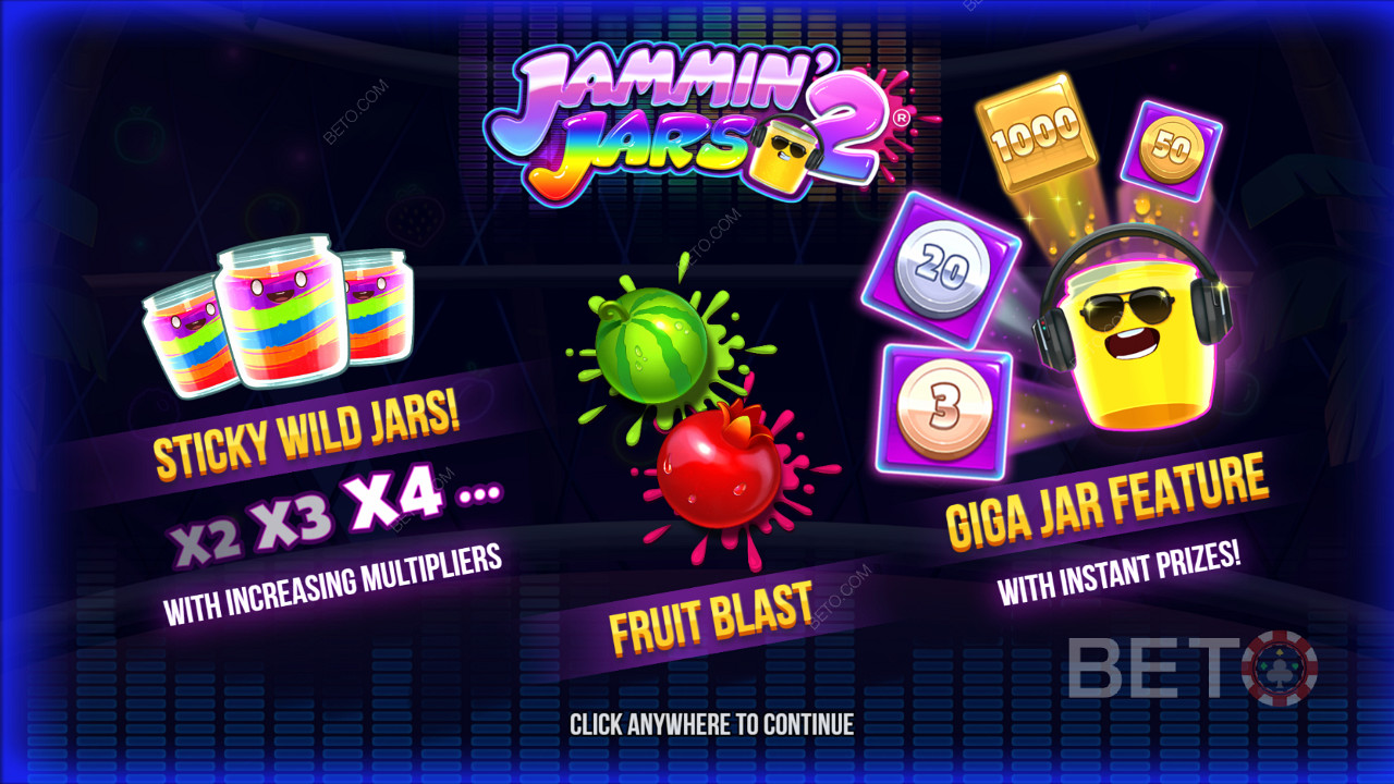 Jammin Jars 2 स्लॉट में स्टिकी वाइल्ड्स, फ्रूट ब्लास्ट फीचर और गीगा जार स्पिन्स का आनंद लें