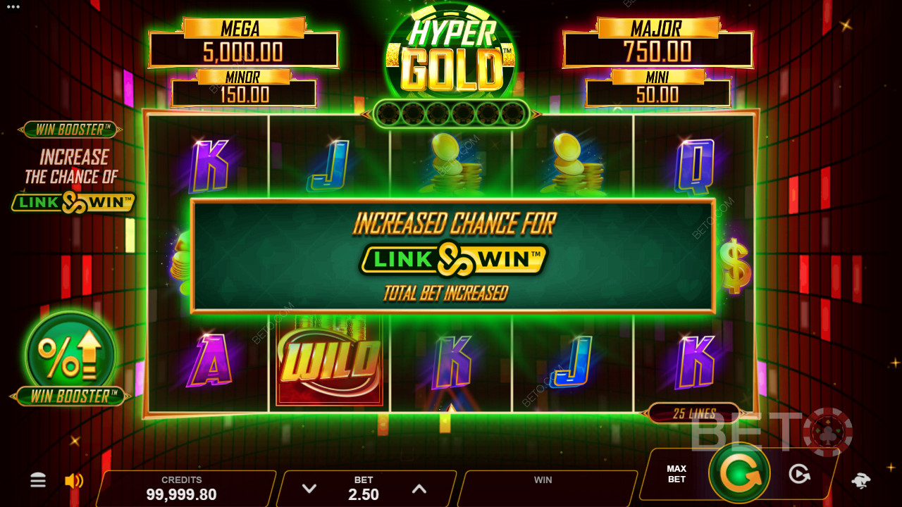Hyper Gold आपको रोमांचित करने के लिए विन बूस्टर और लिंक एंड विन बोनस सुविधाएँ हैं
