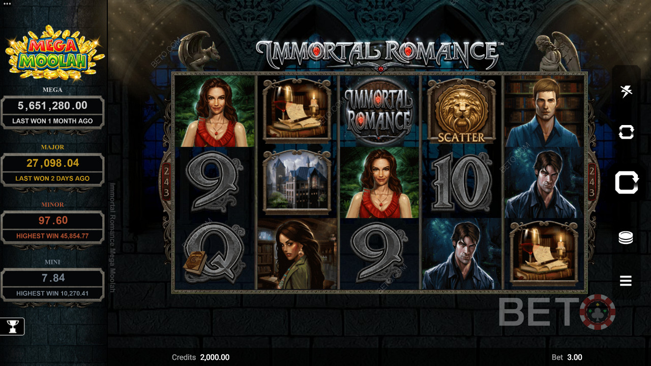 Microgaming से Immortal Romance Mega Moolah आपको मिनी, माइनर, मेजर या मेगा जैकपॉट प्रदान करता है