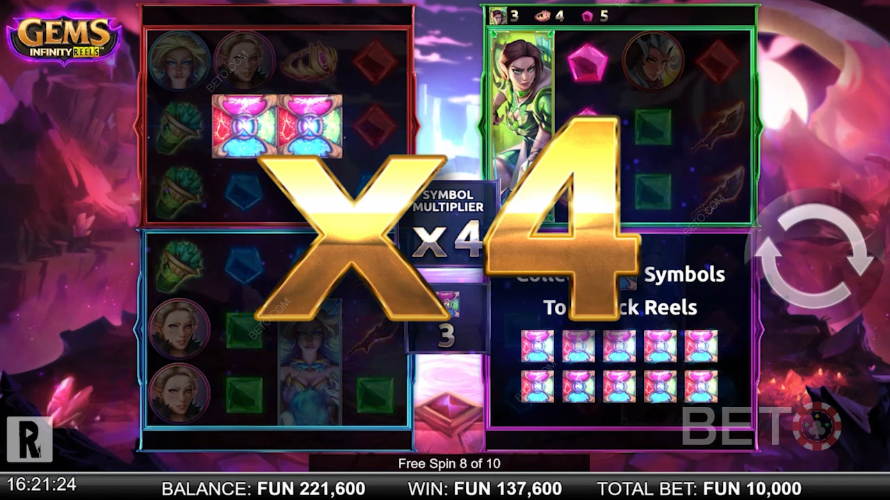 Gems Infinity Reels में मुफ्त स्पिन मोड और उपयोगिता बोनस का आनंद लें