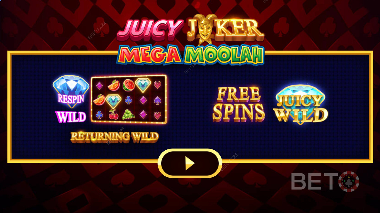 Juicy Joker Mega Moolah की इंट्रो स्क्रीन पर विभिन्न बूस्टर्स के बारे में बताया गया है