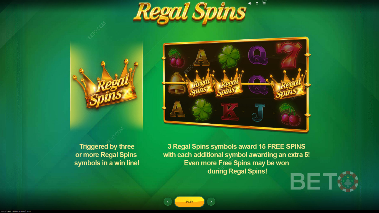 Regal Streak की इंट्रो स्क्रीन विशेष प्रतीकों के बारे में जानकारी दिखाती है