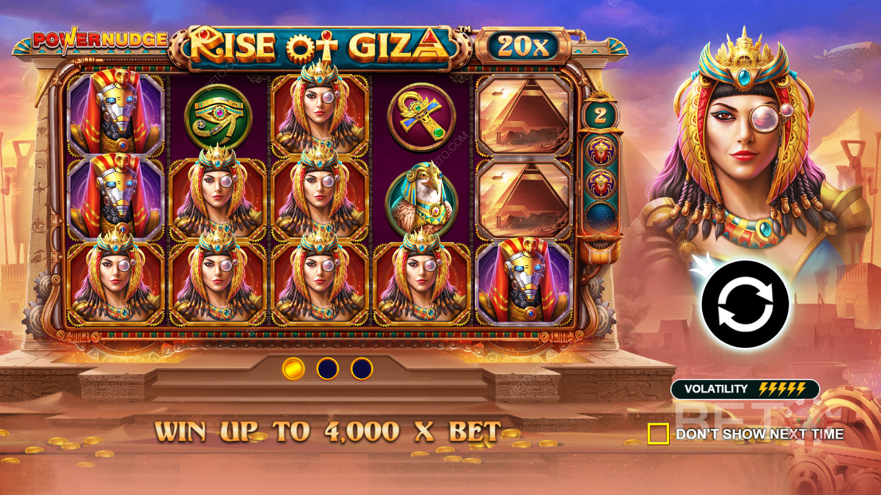 Rise of Giza PowerNudge ऑनलाइन स्लॉट में अपनी शर्त का 4,000 गुना तक जीतें
