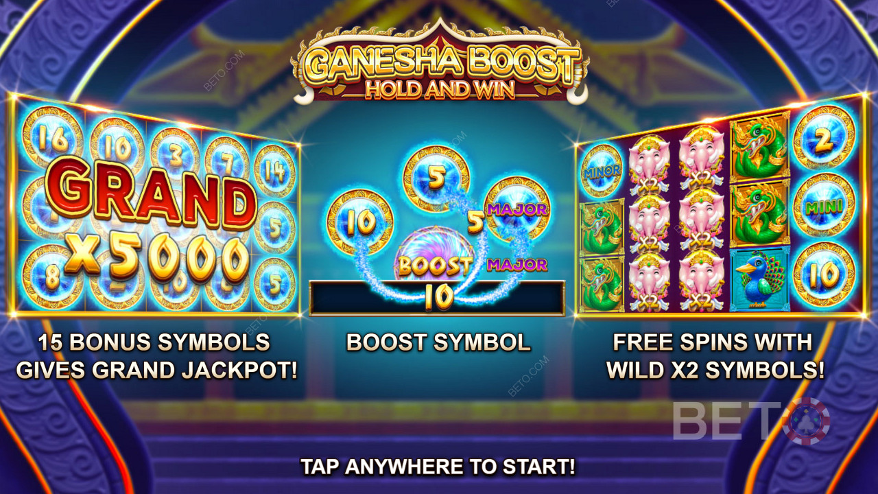 Ganesha Boost Hold and Win स्लॉट में मुफ्त स्पिन, बूस्ट फीचर और रिस्पिन का आनंद लें