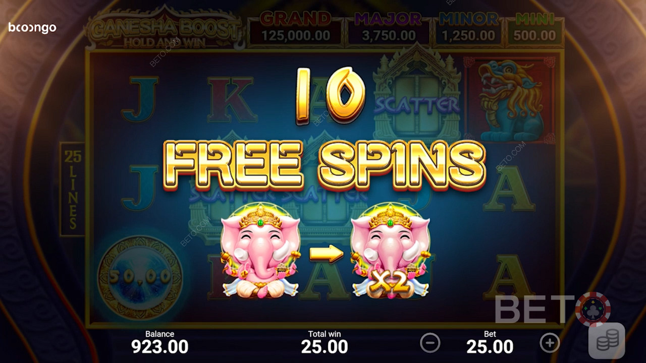Ganesha Boost Hold and Win स्लॉट में 3 स्कैटर लाएँ और 10 निःशुल्क स्पिन ट्रिगर करें