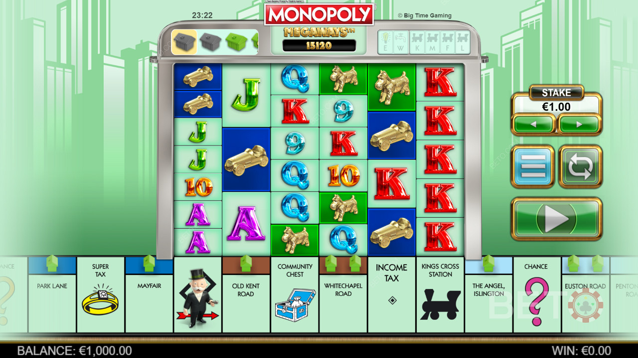 Monopoly Megaways में मेगावेज़ गेमिंग ग्रिड