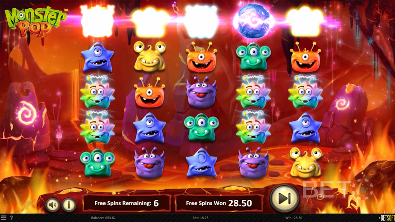 Monster Pop स्लॉट मशीन में फ्री स्पिन के दौरान रीलों का विस्तार देखें