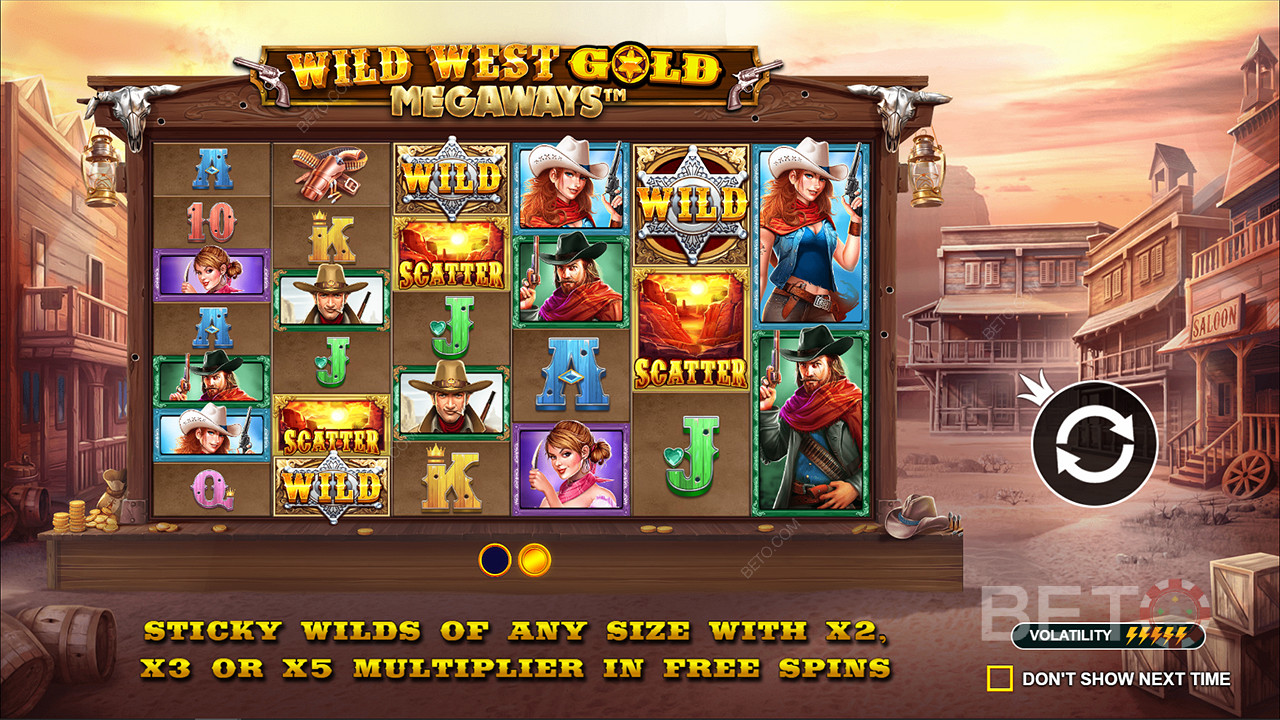 Wild West Gold मेगावेज़ स्लॉट में 5x तक के मल्टीप्लायर के साथ स्टिकी वाइल्ड्स मौजूद हैं